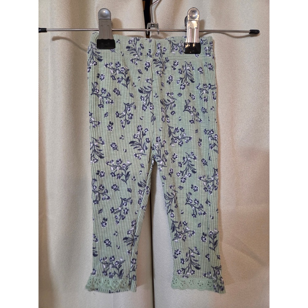 Nicole Miller Baby Girls Sage Green Floral Ribbed Lace Trim Leggings 3/6M